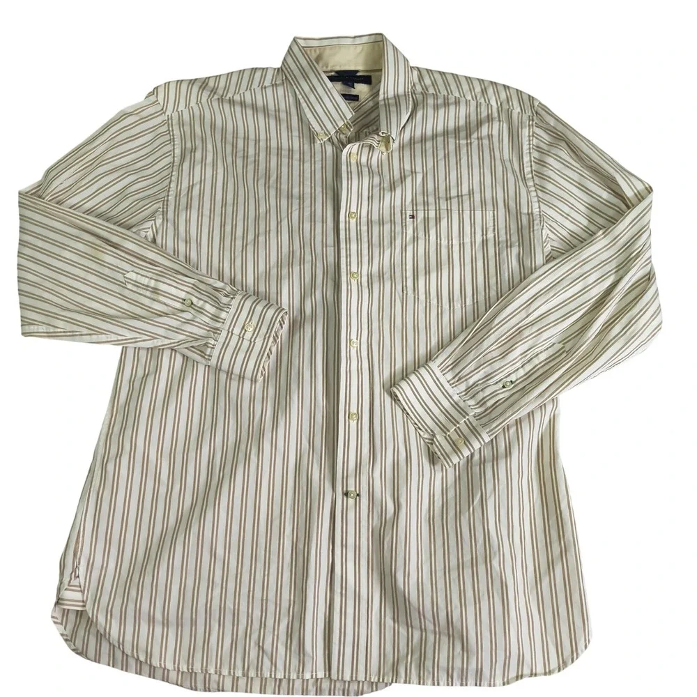 Tommy Hilfiger Mens XL Tan Stripe Button‎ Down Shirt 80s Two Ply Cotton